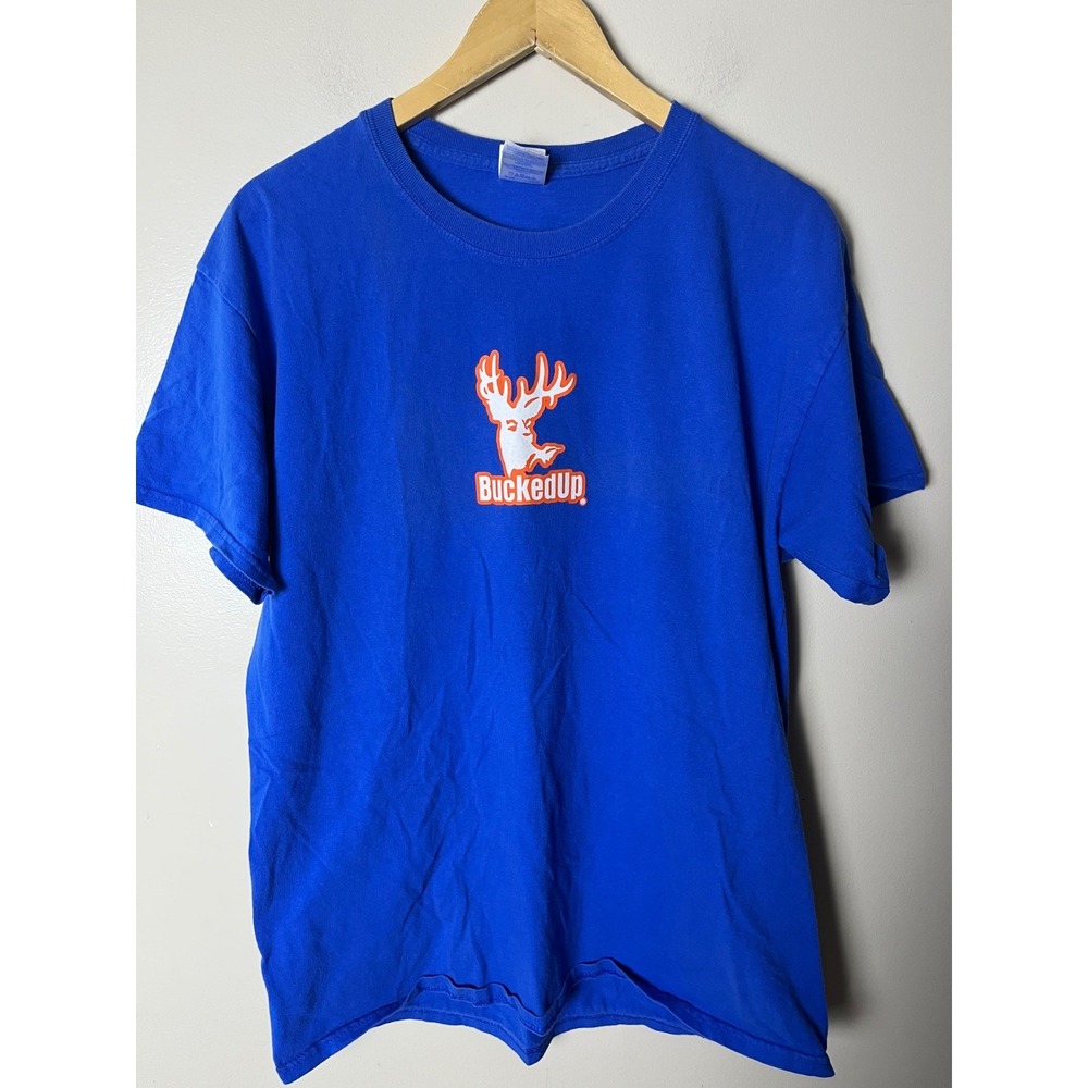 Bucked Up Blue Graphic Print T-Shirt Mens Large 100% Cotton